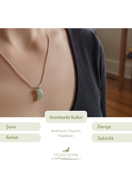 Hilal Şeklinde Aventurin Doğal Taş Paslanmaz Çelik Kolye – Şans, Huzur ve Yaratıcılık Getiren Takı