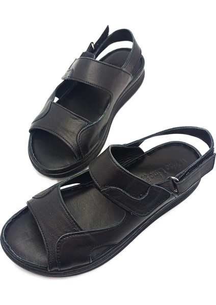 Hakiki Deri Siyah Renk Bantlı Düz Taban Kadın Sandalet