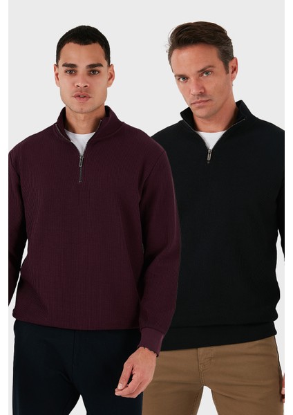 Pamuklu Regular Fit Yarım Fermuarlı Dik Yaka 2'li Paket Sweat Erkek Sweat 5905716S2