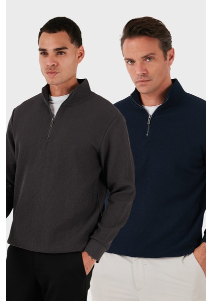 Pamuklu Regular Fit Yarım Fermuarlı Dik Yaka 2'li Paket Sweat Erkek Sweat 5905716S2