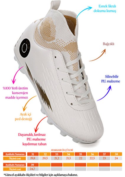 Kiko Boğazlı Krampon Erkek Çocuk Futbol Ayakkabısı Beyaz Renk Mikrofiber 390 gr