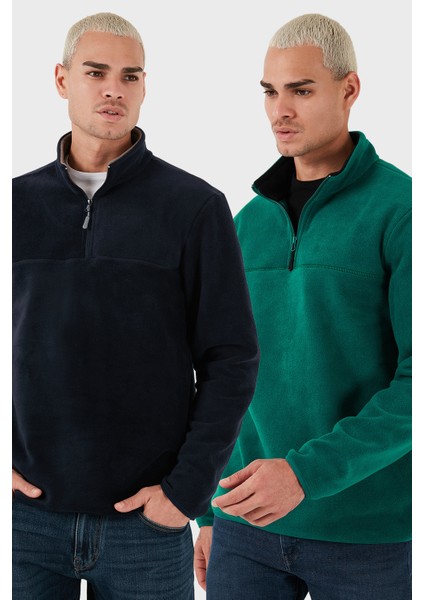 Regular Fit Anti-Pilling Tüylenme Yapmayan Dik Yaka Şardonlu 2'li Paket Polar Erkek Polar 5896700S2