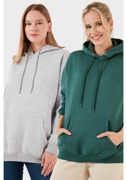 Regular Fit Pamuklu Kapüşonlu Yaka Şardonlu Kışlık 2'li Paket Sweat Bayan Sweat 5863854S2