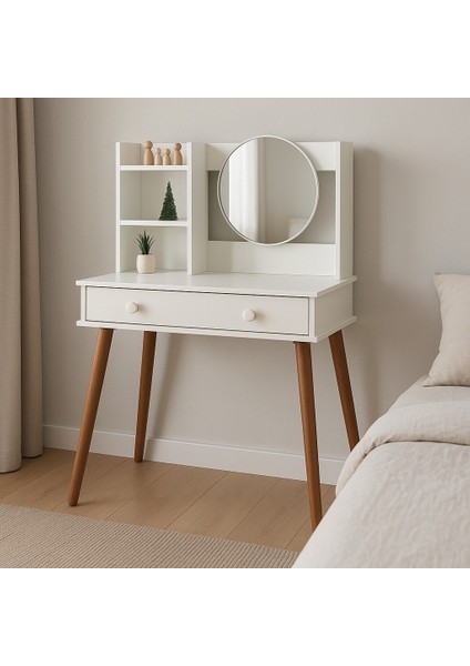 Çekmeceli, Raflı, Aynalı Modern Makyaj Masası, Takı Düzenleyici – Beyaz