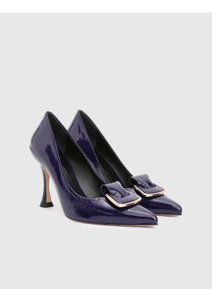 Minda Hakiki Kırışık Rugan Deri Lacivert Kadın Topuklu Ayakkabı