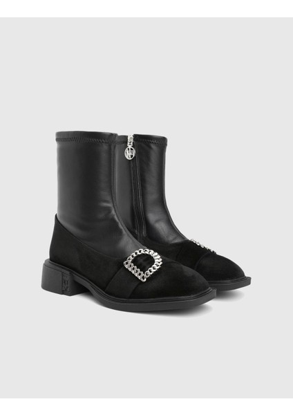 Druid Hakiki Süet Deri Strech Siyah Kadın Bot