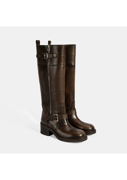 Kadın Kahve Metal Toka Detaylı Deri Çizme