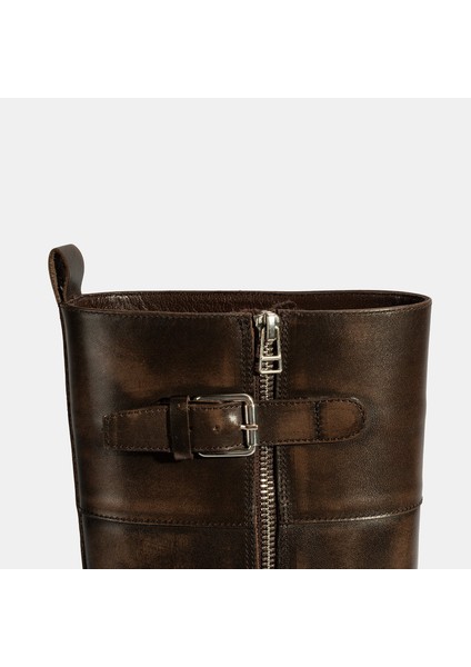 Kadın Kahve Metal Toka Detaylı Deri Çizme