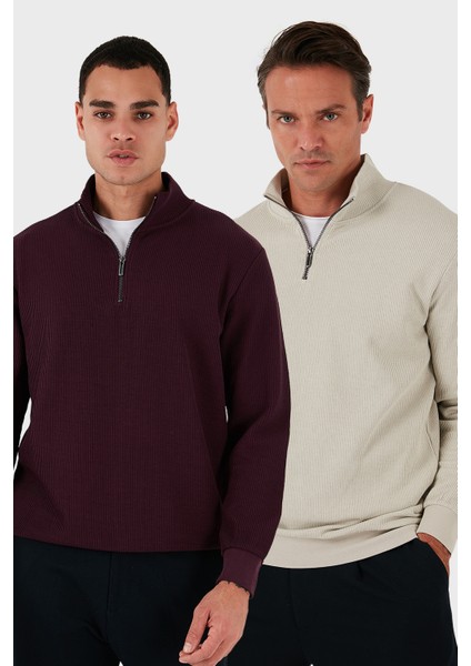 Pamuklu Regular Fit Yarım Fermuarlı Dik Yaka 2'li Paket Sweat Erkek Sweat 5905716S2