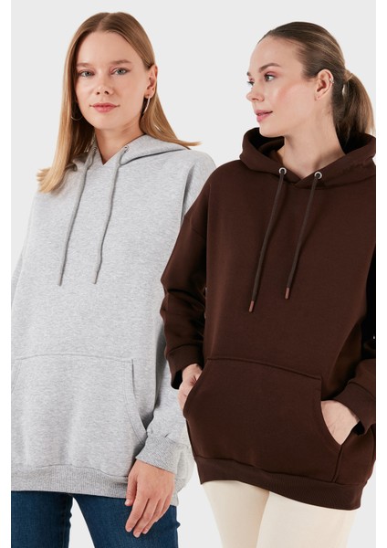 Regular Fit Pamuklu Kapüşonlu Yaka Şardonlu Kışlık 2'li Paket Sweat Bayan Sweat 5863854S2