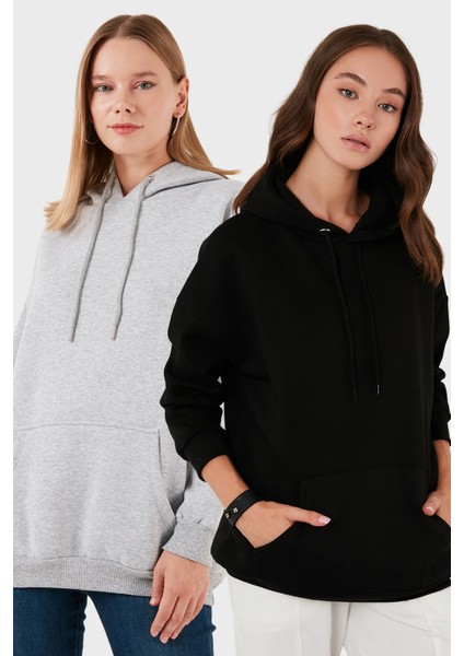 Regular Fit Pamuklu Kapüşonlu Yaka Şardonlu Kışlık 2'li Paket Sweat Bayan Sweat 5863854S2