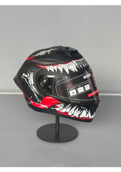 WS-602 Güneş Gözlüklü Full Face Kask (Şeffaf Vizörlü) Matt Black W3 (602)