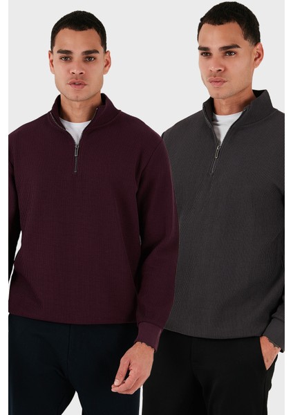Pamuklu Regular Fit Yarım Fermuarlı Dik Yaka 2'li Paket Sweat Erkek Sweat 5905716S2