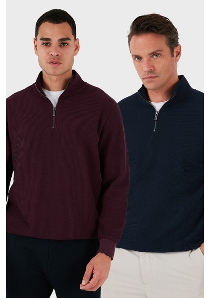 Pamuklu Regular Fit Yarım Fermuarlı Dik Yaka 2'li Paket Sweat Erkek Sweat 5905716S2
