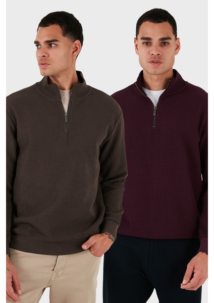 Pamuklu Regular Fit Yarım Fermuarlı Dik Yaka 2'li Paket Sweat Erkek Sweat 5905716S2