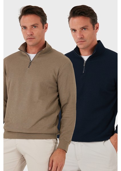 Pamuklu Regular Fit Yarım Fermuarlı Dik Yaka 2'li Paket Sweat Erkek Sweat 5905716S2