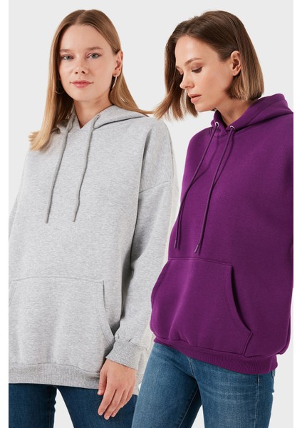 Regular Fit Pamuklu Kapüşonlu Yaka Şardonlu Kışlık 2'li Paket Sweat Bayan Sweat 5863854S2