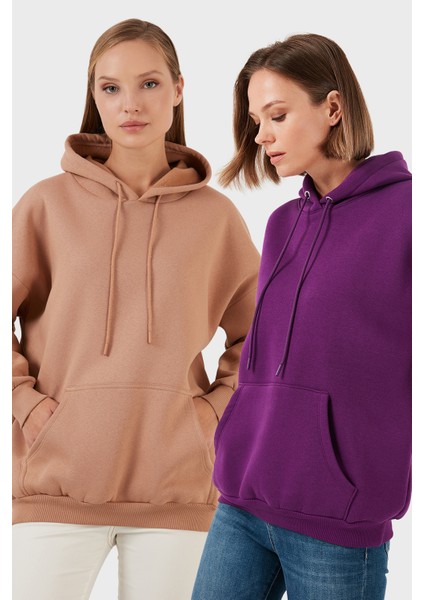 Regular Fit Pamuklu Kapüşonlu Yaka Şardonlu Kışlık 2'li Paket Sweat Bayan Sweat 5863854S2