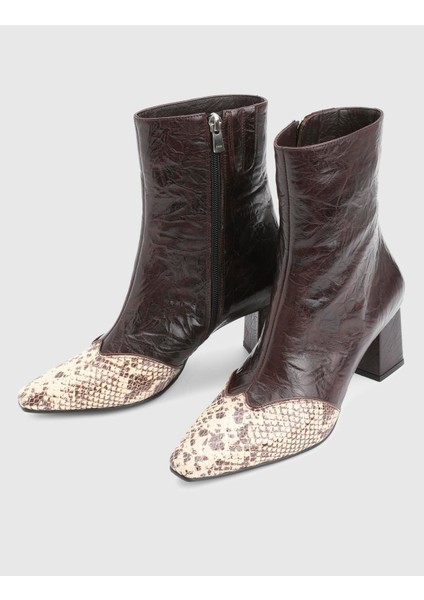 Fliy Hakiki Yılan Baskılı Deri Kahverengi Kadın Topuklu Bot fiyatları