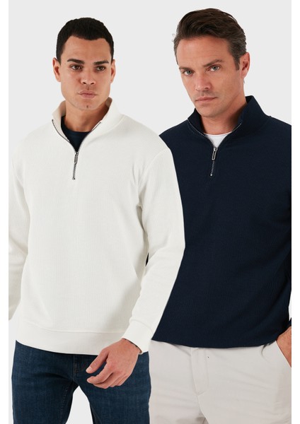Pamuklu Regular Fit Yarım Fermuarlı Dik Yaka 2'li Paket Sweat Erkek Sweat 5905716S2