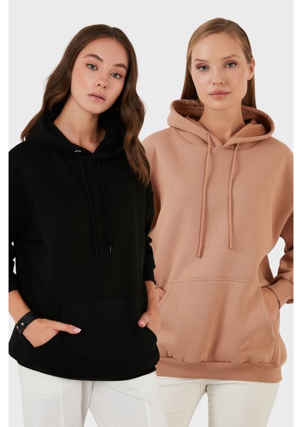 Regular Fit Pamuklu Kapüşonlu Yaka Şardonlu Kışlık 2'li Paket Sweat Bayan Sweat 5863854S2