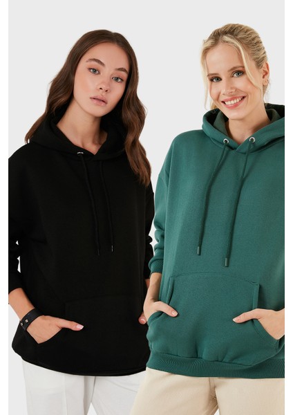 Regular Fit Pamuklu Kapüşonlu Yaka Şardonlu Kışlık 2'li Paket Sweat Bayan Sweat 5863854S2