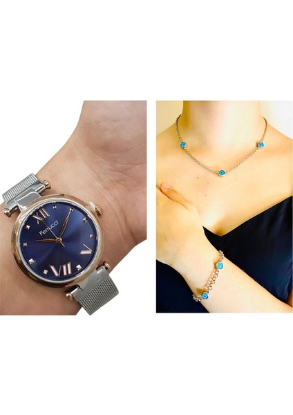 Hasır Kordon Çelik Kadın Kol Saati+Nazarlıklı Set Hediye