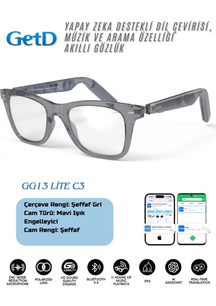 GG13C3 Getd Akıllı Gözlük – Çeviri, Müzik ve Arama Özellikli Bluetooth Gözlük
