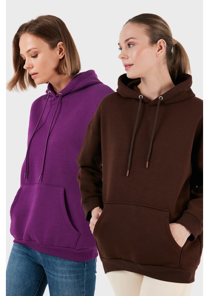 Regular Fit Pamuklu Kapüşonlu Yaka Şardonlu Kışlık 2'li Paket Sweat Bayan Sweat 5863854S2