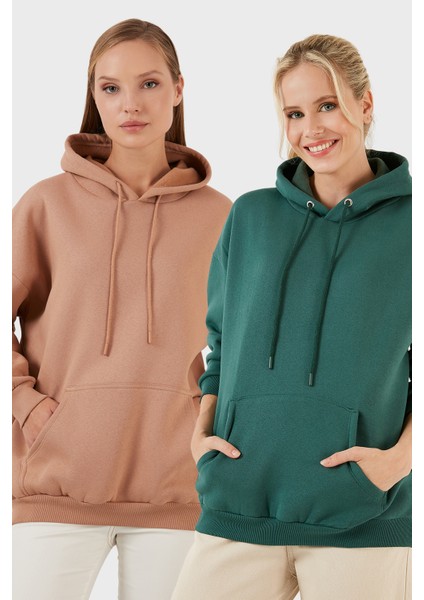 Regular Fit Pamuklu Kapüşonlu Yaka Şardonlu Kışlık 2'li Paket Sweat Bayan Sweat 5863854S2