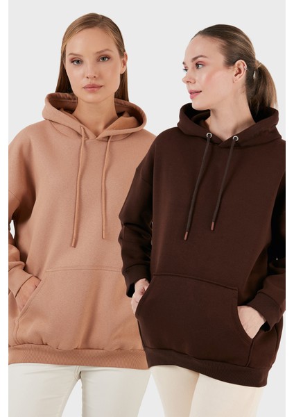 Regular Fit Pamuklu Kapüşonlu Yaka Şardonlu Kışlık 2'li Paket Sweat Bayan Sweat 5863854S2