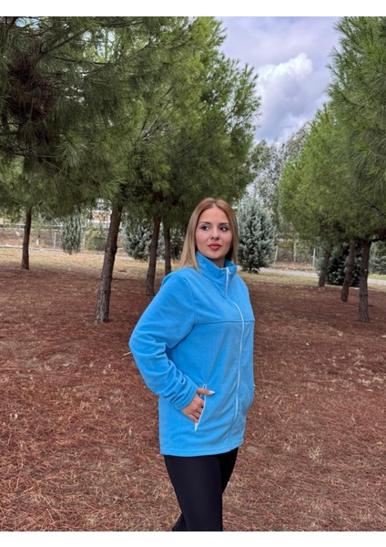 Kadın Kışlık Önü Fermuarlı Turkuaz Renk Polar Ceket modelleri