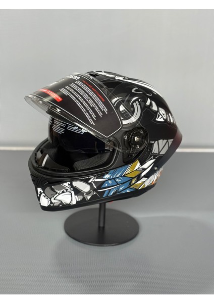 WS-602 Güneş Gözlüklü Full Face Kask (Şeffaf Vizörlü) Matt Black W5 (602)