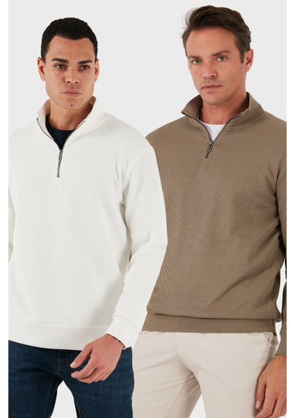 Pamuklu Regular Fit Yarım Fermuarlı Dik Yaka 2'li Paket Sweat Erkek Sweat 5905716S2