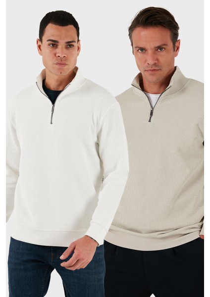 Pamuklu Regular Fit Yarım Fermuarlı Dik Yaka 2'li Paket Sweat Erkek Sweat 5905716S2