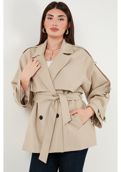 Relaxed Fit Kruvaze Yaka Düğmeli Astarlı Trençkot Bayan Trençkot 6839580