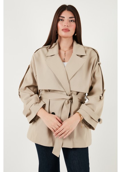 Relaxed Fit Kruvaze Yaka Düğmeli Astarlı Trençkot Bayan Trençkot 6839580 fırsatları