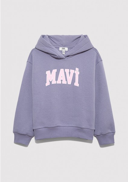 7610035-88095 Mavi Logo Baskılı Kapüşonlu Mor Sweatshirt modelleri