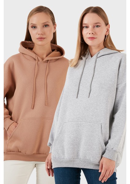 Regular Fit Pamuklu Kapüşonlu Yaka Şardonlu Kışlık 2'li Paket Sweat Bayan Sweat 5863854S2