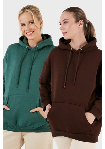 Regular Fit Pamuklu Kapüşonlu Yaka Şardonlu Kışlık 2'li Paket Sweat Bayan Sweat 5863854S2