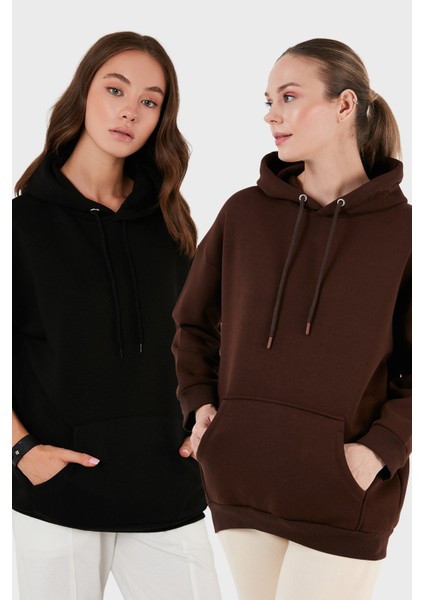 Regular Fit Pamuklu Kapüşonlu Yaka Şardonlu Kışlık 2'li Paket Sweat Bayan Sweat 5863854S2