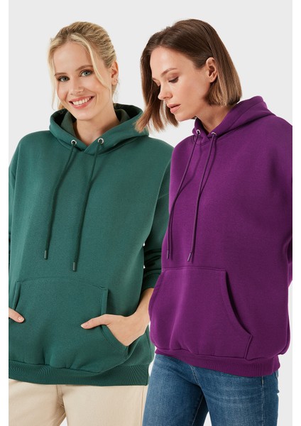 Regular Fit Pamuklu Kapüşonlu Yaka Şardonlu Kışlık 2'li Paket Sweat Bayan Sweat 5863854S2