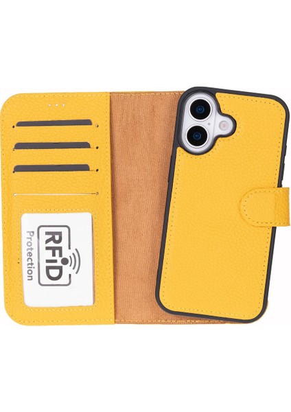 Apple iPhone 17 Için, Hakiki Deri, El Yapımı Cüzdanlı Kılıf, Magsafe ile Uyumlu, Iç Yüzeyi Kadife, Limon Sarı