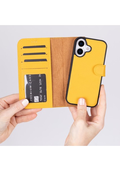 Apple iPhone 17 Için, Hakiki Deri, El Yapımı Cüzdanlı Kılıf, Magsafe ile Uyumlu, Iç Yüzeyi Kadife, Limon Sarı fiyatları