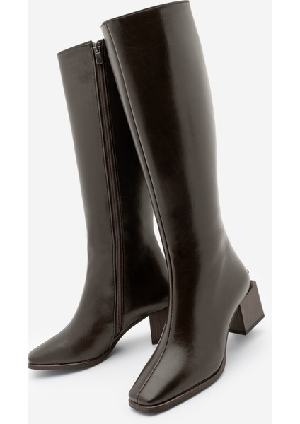 Kadın Küt Burun Fermuarlı Kalın Topuklu Çizme Lusso Kahve