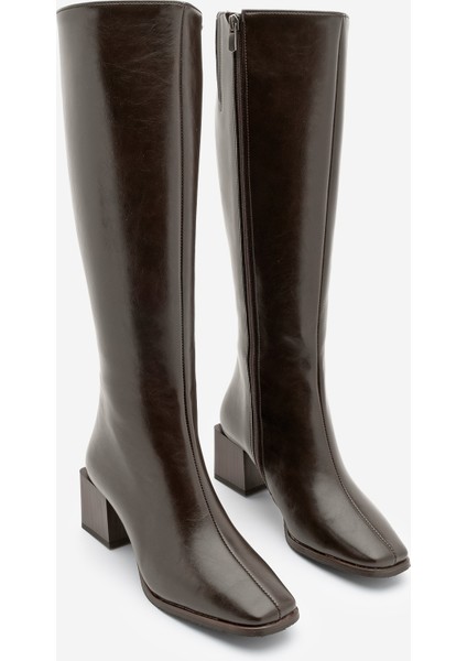 Kadın Küt Burun Fermuarlı Kalın Topuklu Çizme Lusso Kahve indirimleri