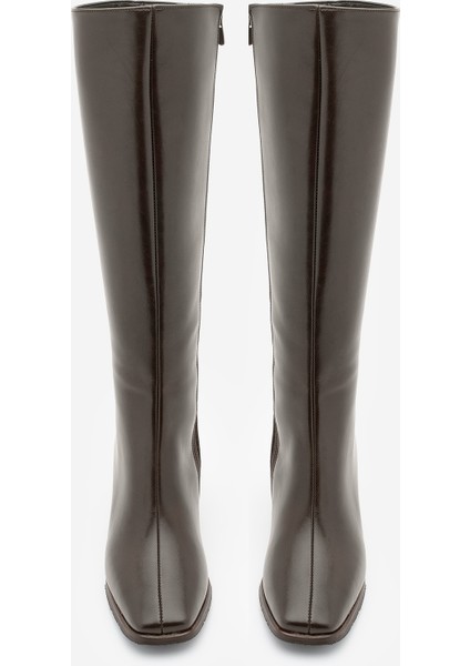 Kadın Küt Burun Fermuarlı Kalın Topuklu Çizme Lusso Kahve