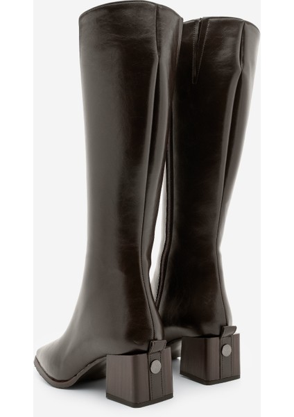 Kadın Küt Burun Fermuarlı Kalın Topuklu Çizme Lusso Kahve