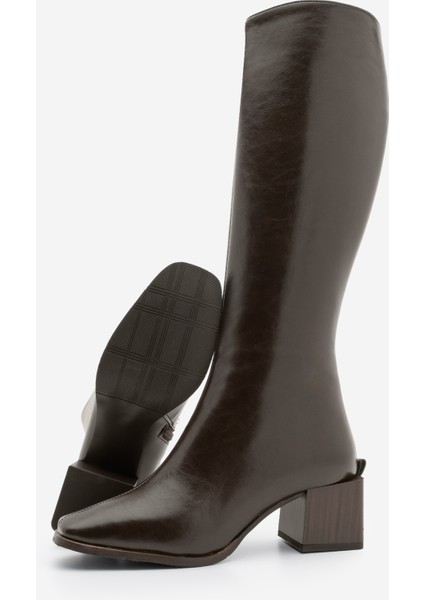 Kadın Küt Burun Fermuarlı Kalın Topuklu Çizme Lusso Kahve