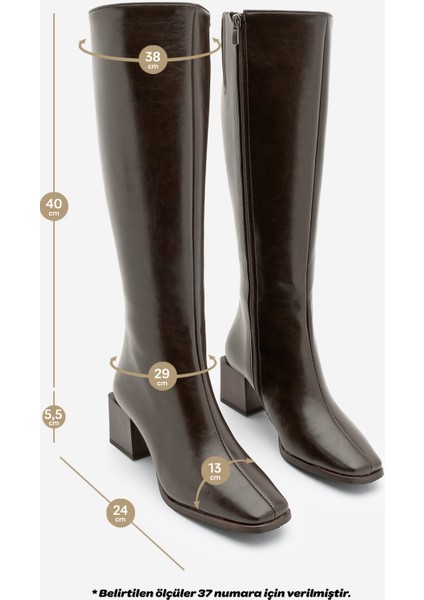 Kadın Küt Burun Fermuarlı Kalın Topuklu Çizme Lusso Kahve